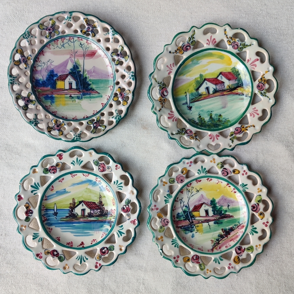 EPL Hand Painted Portugal Latticework 4 Decorative Plates Cottage Lake Country